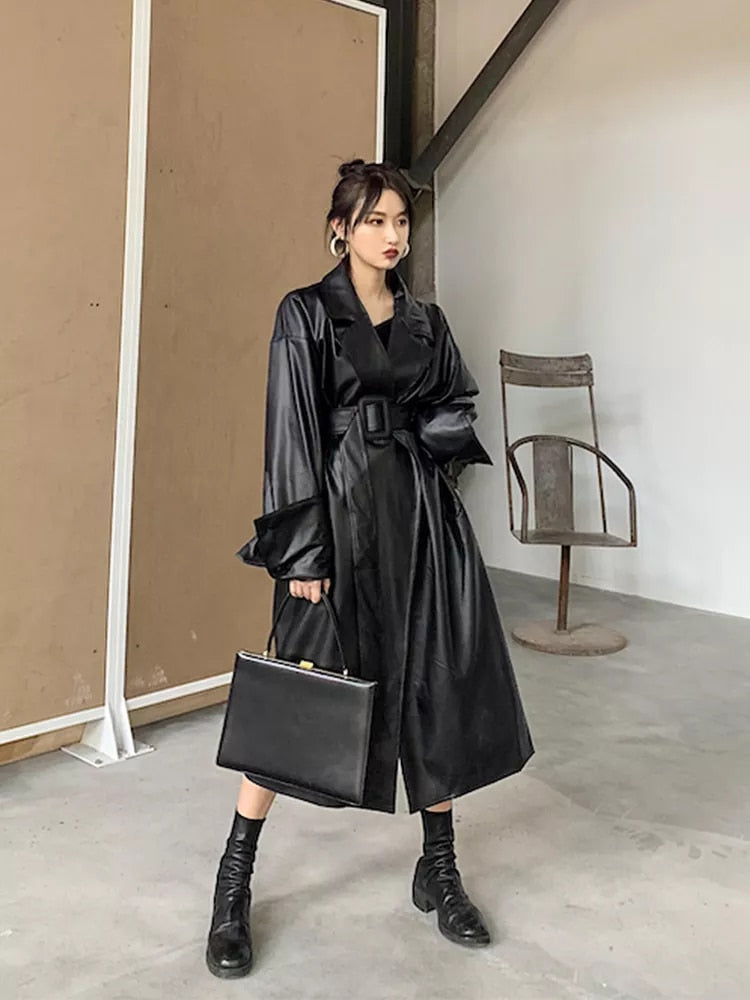 S-7XL Plus Size Faux Leather Women Trench Coats