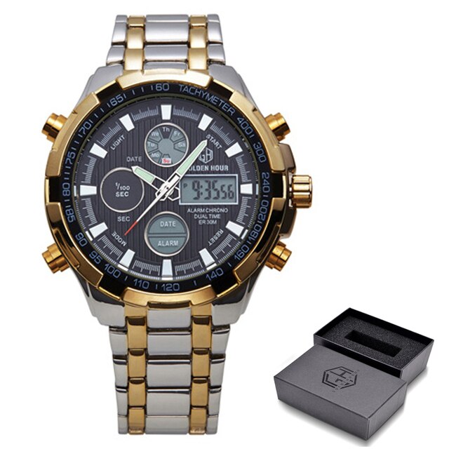 Mens Dual Rich Display Stainless Steel Golden Class Watches