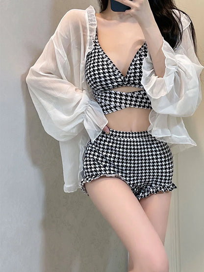 2025 Korean Plaid Swimwear | Sexy Bikini with Hollow Out Cross Straps for Women, Star Style Swimsuit