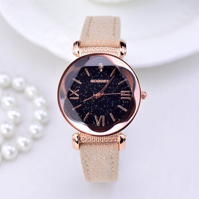 Womens Gold Leather Watches Water Resistance Depth: 3Bar