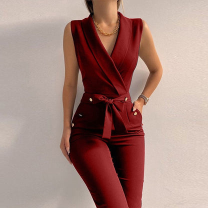 Women’s Sleeveless Jumpsuit – Solid Color V-Neck Bodysuit, High-Waist Belted Pants, Lace-Up Office Style Overall