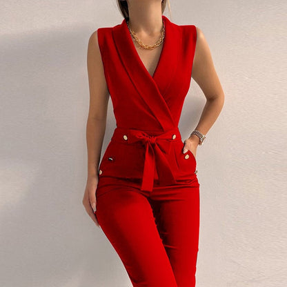 Women’s Sleeveless Jumpsuit – Solid Color V-Neck Bodysuit, High-Waist Belted Pants, Lace-Up Office Style Overall