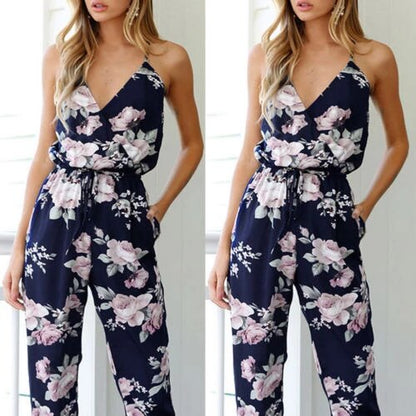 2025 Women's Boho Jumpsuit – Vintage Floral Print, Deep V-Neck Backless Romper with Long Pants