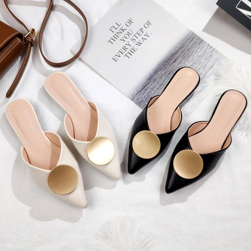Womens New Designer Faux Leather Pointed Slippers