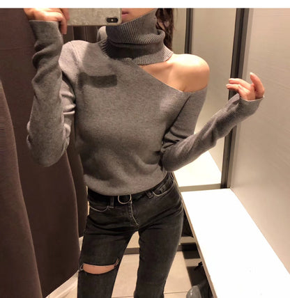 New Knitted Off-Shoulder Sweater for Women – Long Sleeve Turtleneck Pullover Jumper in Black & White, Sexy Fashion