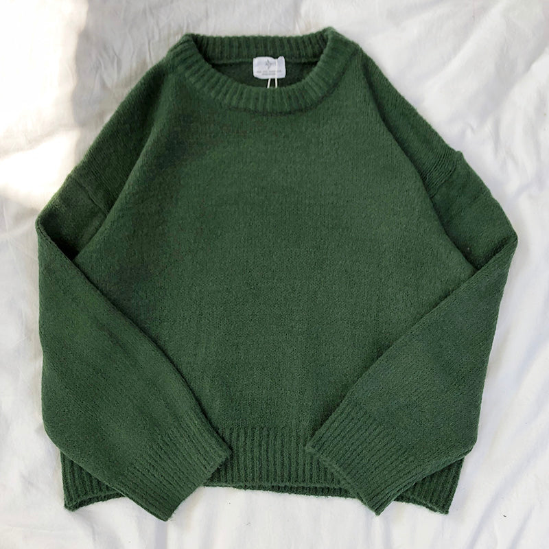 Warm Fashion Women Dark Green Round Neck Sweaters