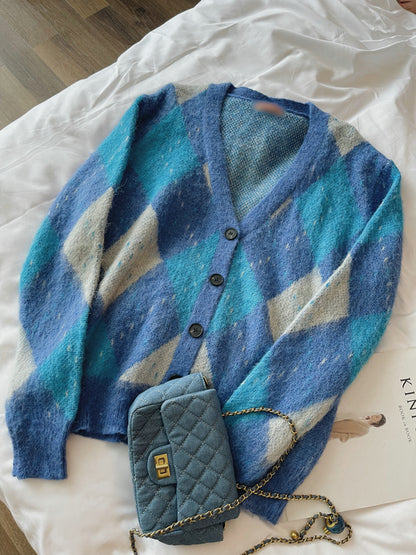 Geometric Sleeve Design Thick Blue Cardigan Sweater
