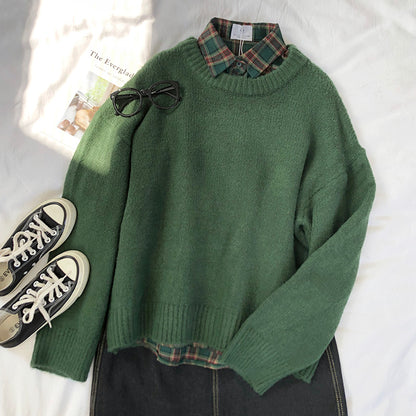 Warm Fashion Women Dark Green Round Neck Sweaters