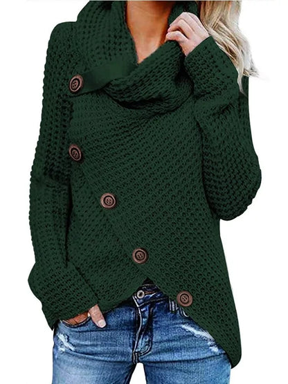 Scarf Collar Button Decoration Autumn Winter Sweater For Women