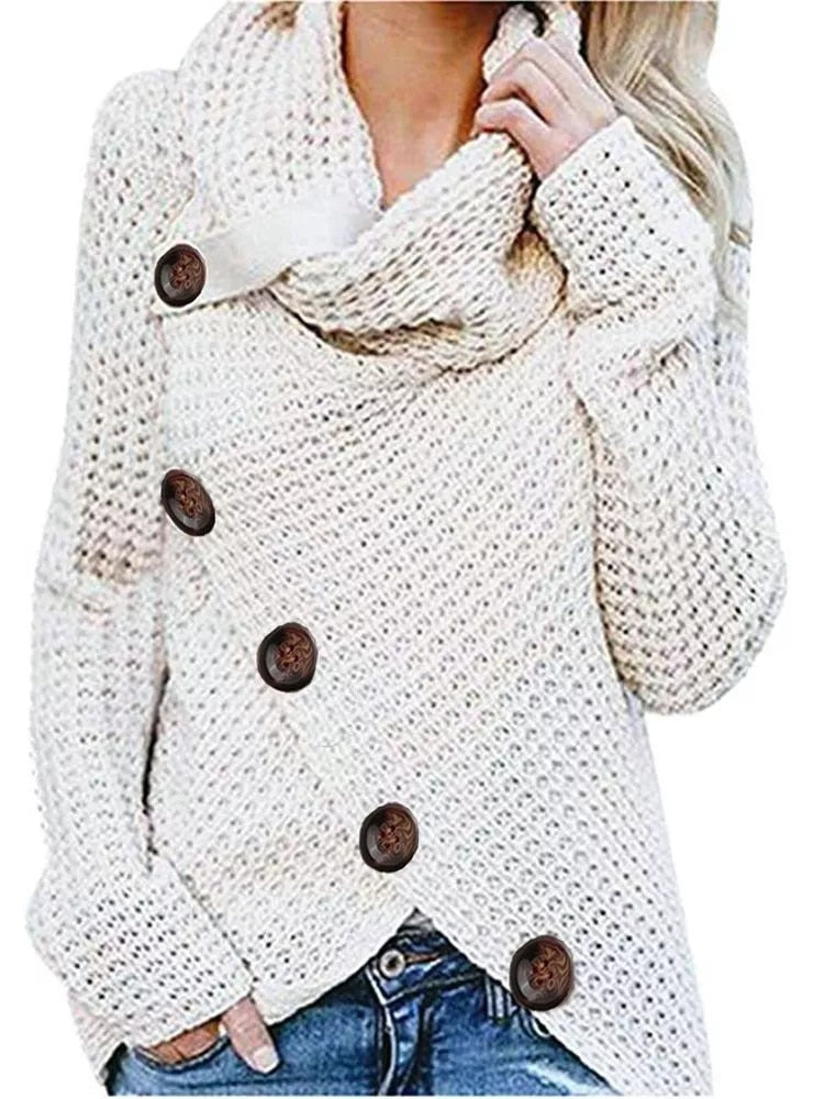 Scarf Collar Button Decoration Autumn Winter Sweater For Women