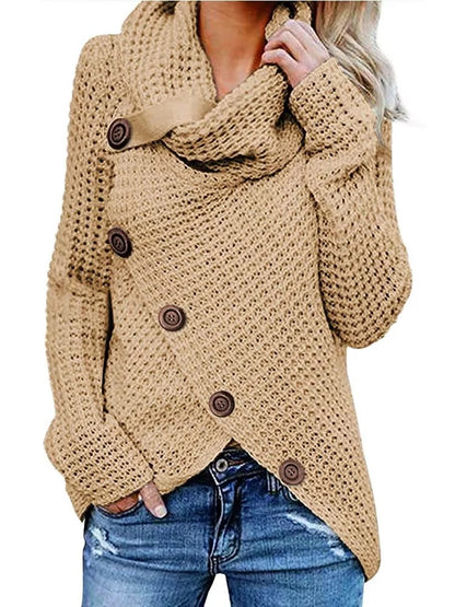 Scarf Collar Button Decoration Autumn Winter Sweater For Women