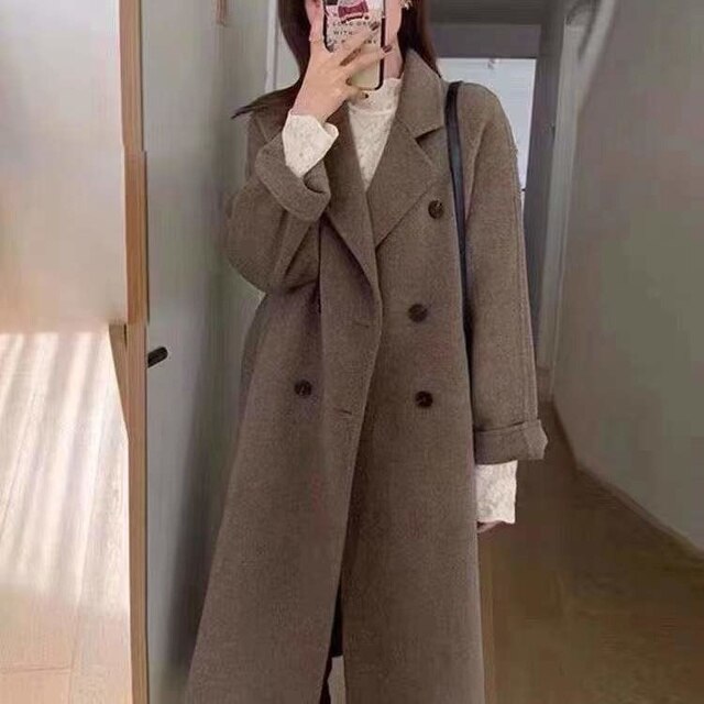 Womens Autumn Retro Double Breasted Loose Slim Fit Woolen Coat