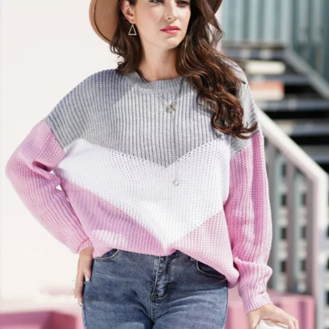 Women Contrast Color Harmony Sweaters