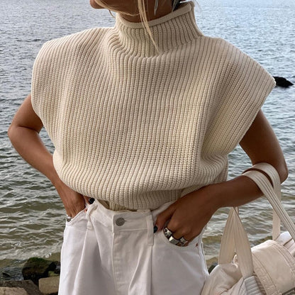 Women’s Sleeveless Knit Vest Sweater – Turtleneck Pullover with Shoulder Pads, Loose Fit Warm Lady Sweater for Fall/Winter