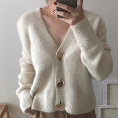 Women's Cherry Coded Mink Cashmere V-Neck Cardigan | Korean Style Long Knitted Sweater for Autumn/Winter