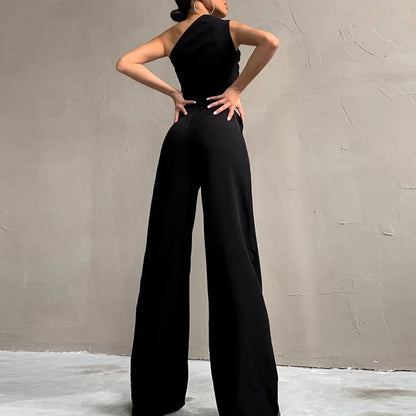 Fashion Casual High Street Slim Jumpsuit – Sexy Skew Collar, Backless, Sleeveless Lace-Up Romper for Spring & Summer