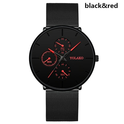 Mens Three Mini Dial Black Slim Analog Watch