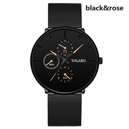 Mens Three Mini Dial Black Slim Analog Watch