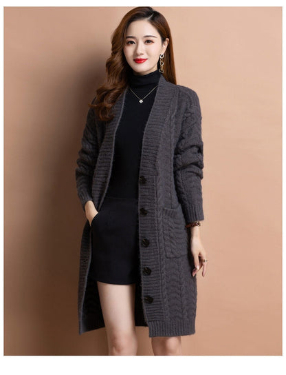 Medium-Length Knitted Sweater Cardigan – Loose-Fit Slimming Autumn/Winter Top for Middle-Aged Mothers