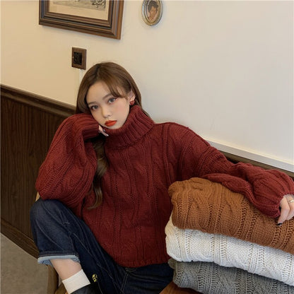 High-Quality Turtleneck Knit Pullover for Women – Warm & Thick Vintage Twist Jumper, Simple Lined Winter Sweater