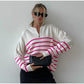 Blue Striped V-Neck Buttoned Autumn Winter Sweater For Women