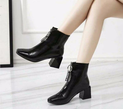 New Brand Quality Leather Chunky High Heels Ankle Boots – Front Zipper, Square Toe, Dress Party Work Shoes