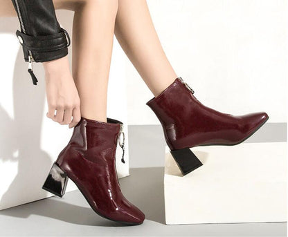 New Brand Quality Leather Chunky High Heels Ankle Boots – Front Zipper, Square Toe, Dress Party Work Shoes