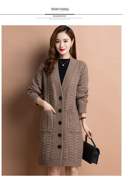 Medium-Length Knitted Sweater Cardigan – Loose-Fit Slimming Autumn/Winter Top for Middle-Aged Mothers