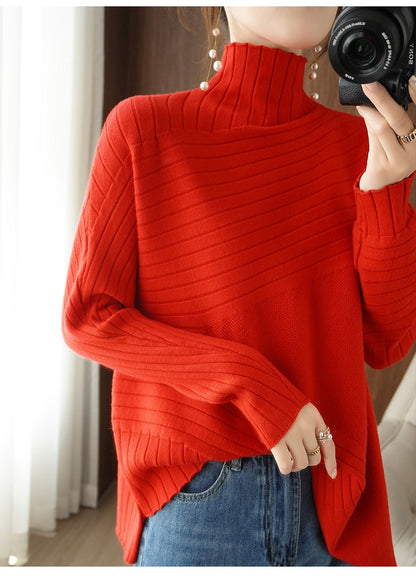 2025 New Women’s Autumn/Winter Knitted Sweater – Korean Fashion Half Turtleneck Irregular Knit Pullover Jumper Top