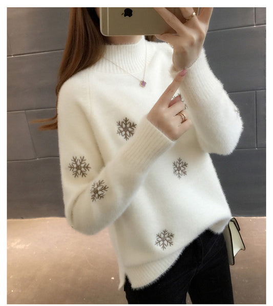 2025 Autumn Winter Embroidered Turtleneck Sweater – Women's Long Sleeve Knitted Pullover, Elegant Black Warm Top