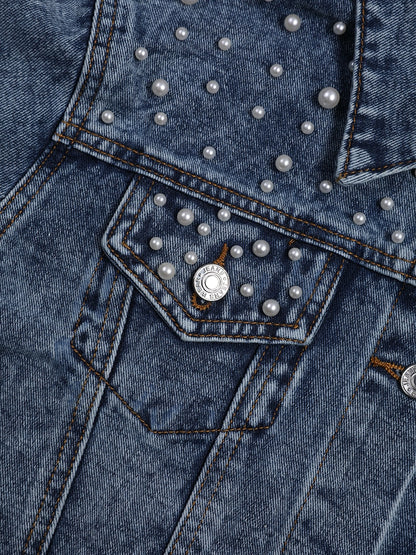 Pearl Beading Design Short Vintage Jean Denim Coats