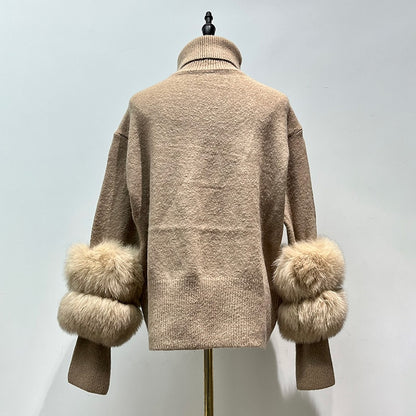 2025 Winter Sweater for Women – Fox Fur Cuff Cardigan, 100% Wool High Collar Pullover, Soft & Warm Fashion