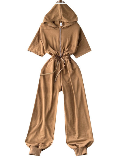 Women's Spring Style Zipper Hooded High Waist Jumpsuits