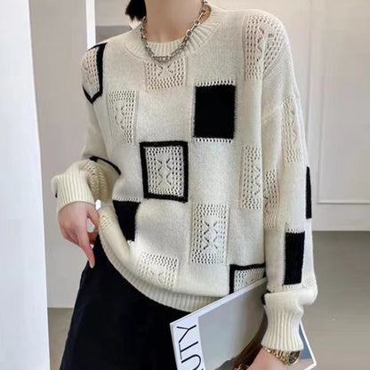 Autumn/Winter Women’s Solid Color Pullover – Round Neck Plaid Contrast Long Sleeve Loose Fit Knitted Sweater Fashion Top