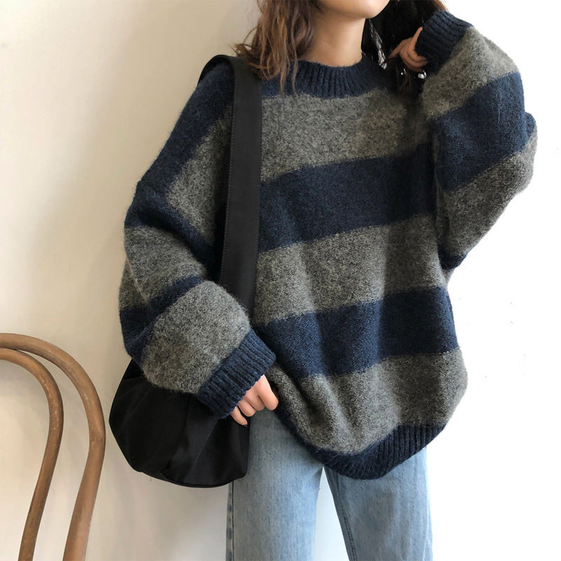 Women's Color Block Striped Loose Fit Winter Sweater