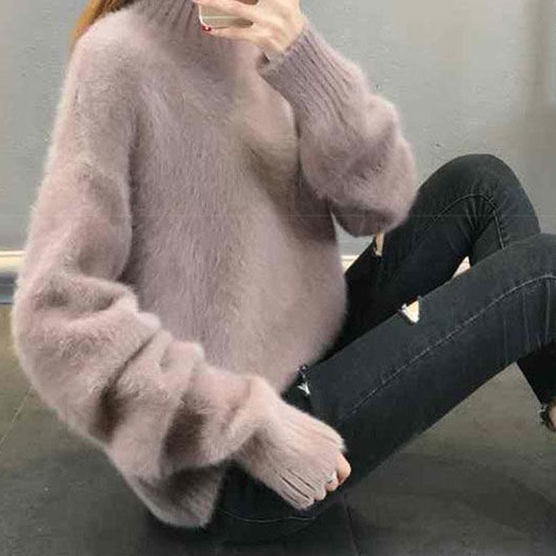 2025 Women's Thick Knitted Sweater – Loose-Fit Idle Style Pullover, Half Polo/Turtleneck Versatile Winter Top