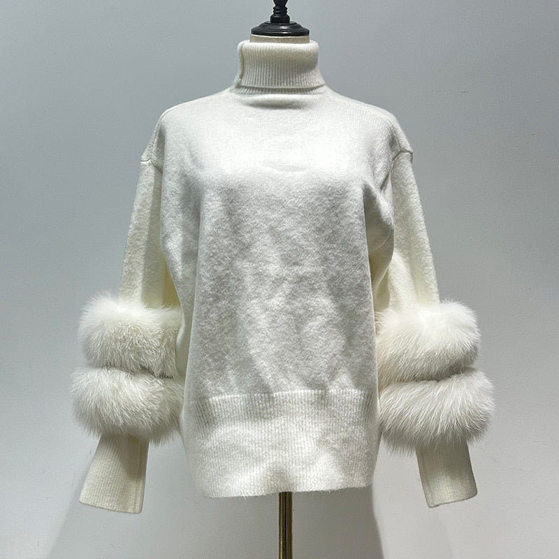 Women Chic Fluffy Fur Sleeve Sweaters