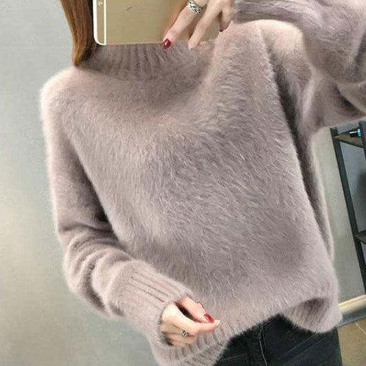 2025 Women's Thick Knitted Sweater – Loose-Fit Idle Style Pullover, Half Polo/Turtleneck Versatile Winter Top