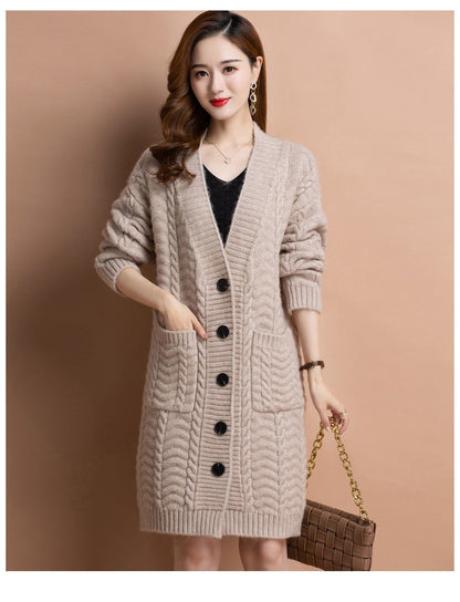 Medium-Length Knitted Sweater Cardigan – Loose-Fit Slimming Autumn/Winter Top for Middle-Aged Mothers