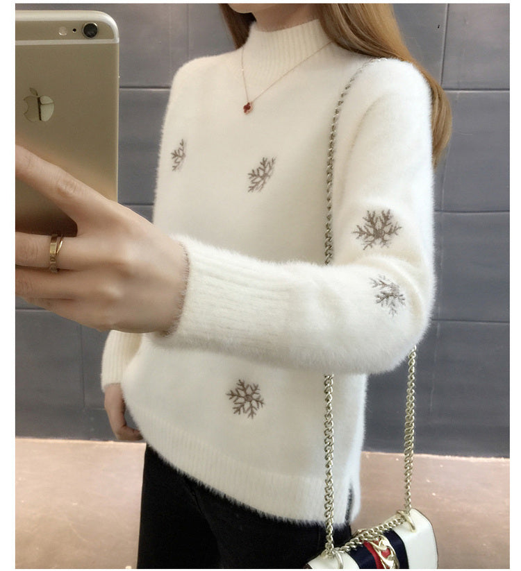 2025 Autumn Winter Embroidered Turtleneck Sweater – Women's Long Sleeve Knitted Pullover, Elegant Black Warm Top