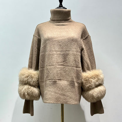 2025 Winter Sweater for Women – Fox Fur Cuff Cardigan, 100% Wool High Collar Pullover, Soft & Warm Fashion