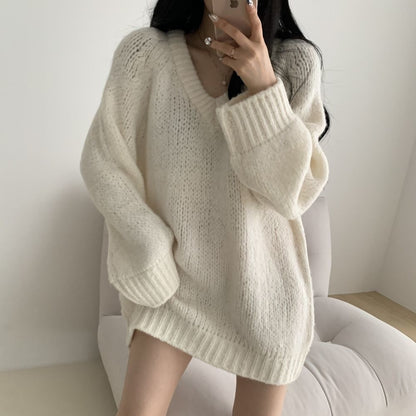 Simple Loose Oversized V-Neck Sweater for Women – Autumn Knitted Korean Stylish Pullover, White/Gray Fashion Long Sleeve Top