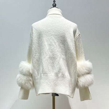 2025 Winter Sweater for Women – Fox Fur Cuff Cardigan, 100% Wool High Collar Pullover, Soft & Warm Fashion