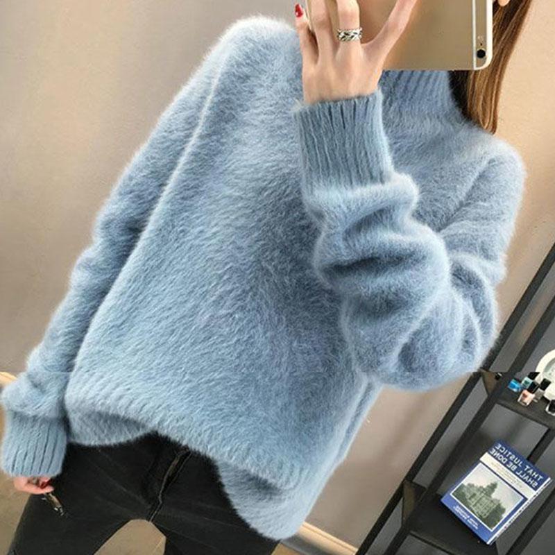 2025 Women's Thick Knitted Sweater – Loose-Fit Idle Style Pullover, Half Polo/Turtleneck Versatile Winter Top