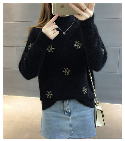 2025 Autumn Winter Embroidered Turtleneck Sweater – Women's Long Sleeve Knitted Pullover, Elegant Black Warm Top