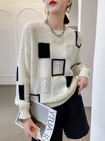 Autumn/Winter Women’s Solid Color Pullover – Round Neck Plaid Contrast Long Sleeve Loose Fit Knitted Sweater Fashion Top