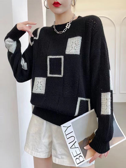 Autumn/Winter Women’s Solid Color Pullover – Round Neck Plaid Contrast Long Sleeve Loose Fit Knitted Sweater Fashion Top