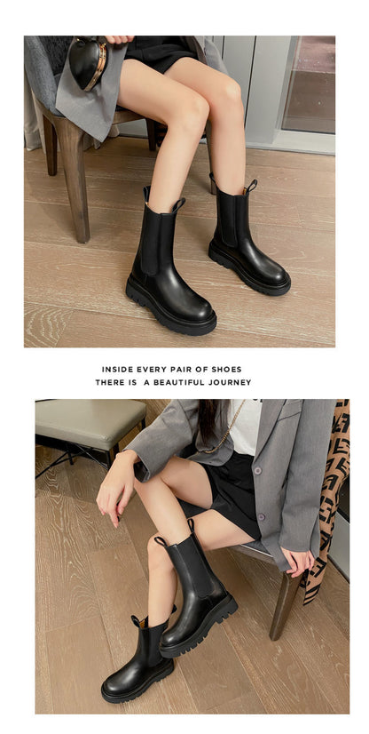 Women Cow Leather Round Toe Thick Sole Ankle Chelsea Boots