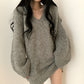 Womens V-Neck Grey Knitted Loose Sweaters