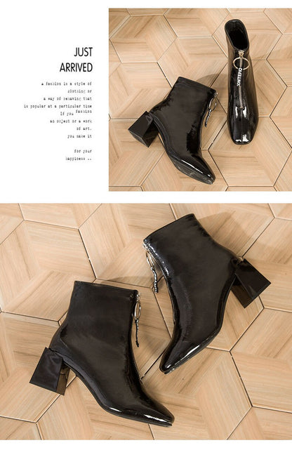 New Brand Quality Leather Chunky High Heels Ankle Boots – Front Zipper, Square Toe, Dress Party Work Shoes